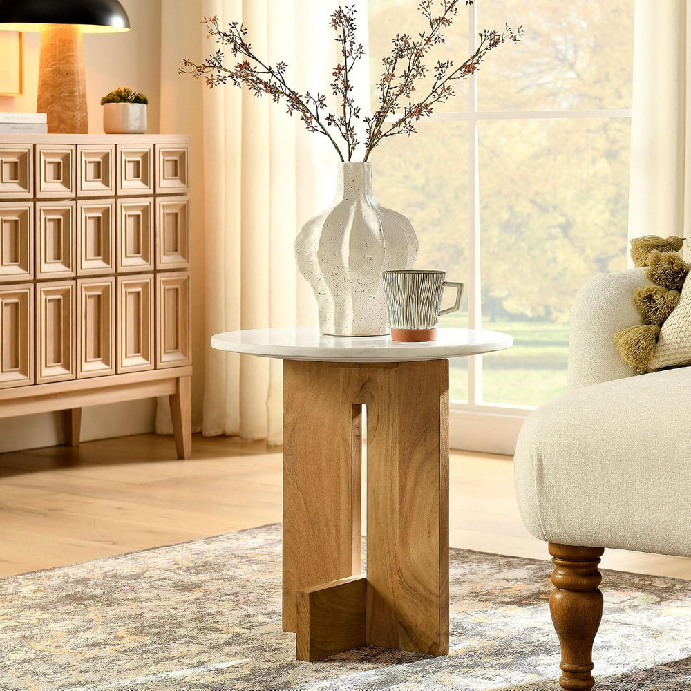 Modway Tarin Marble Top Side Table in Natural - Round Acacia Wood Living Room...