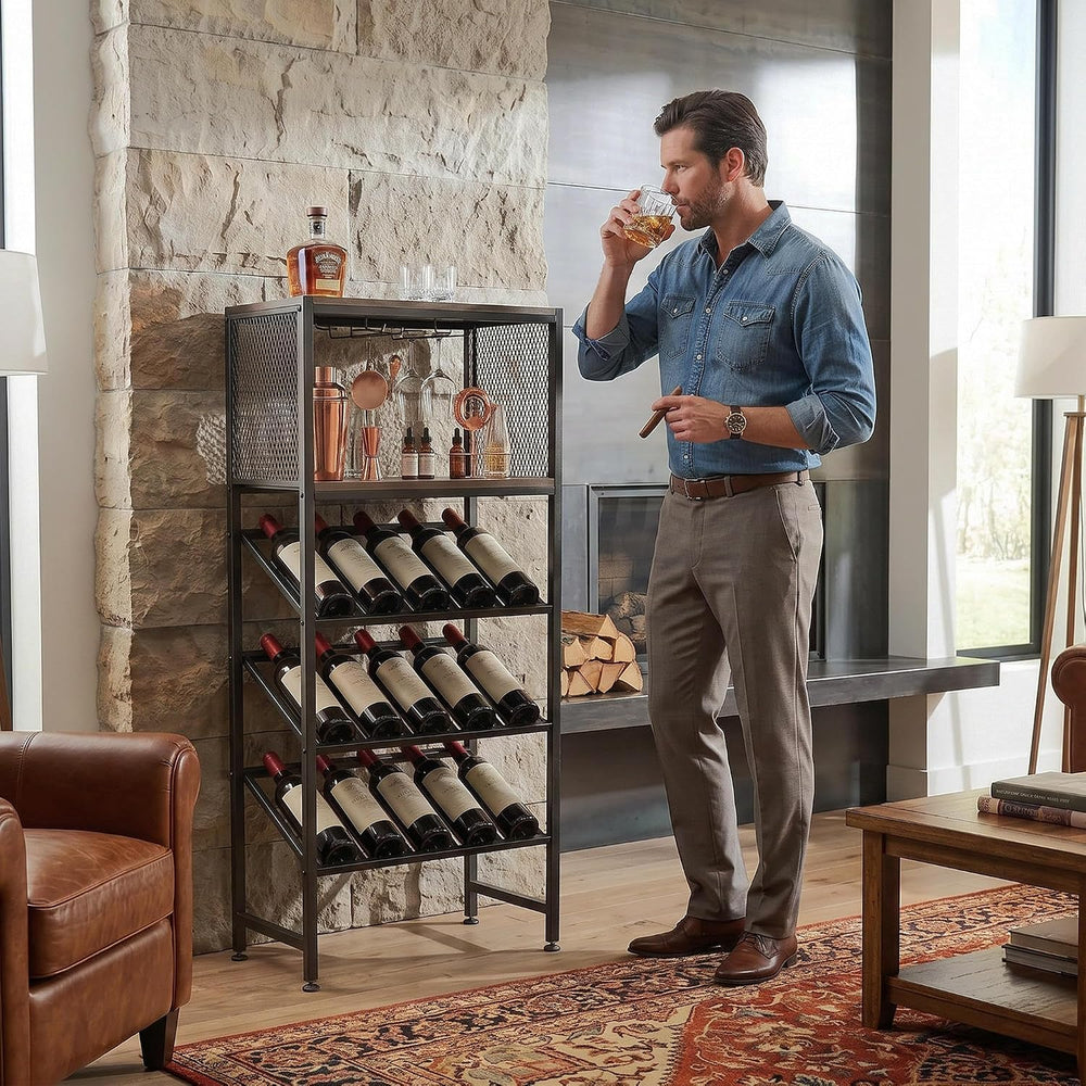 3-Tier Wine Rack Freestanding Floor with Glass & Storage Racks | Space-sa...