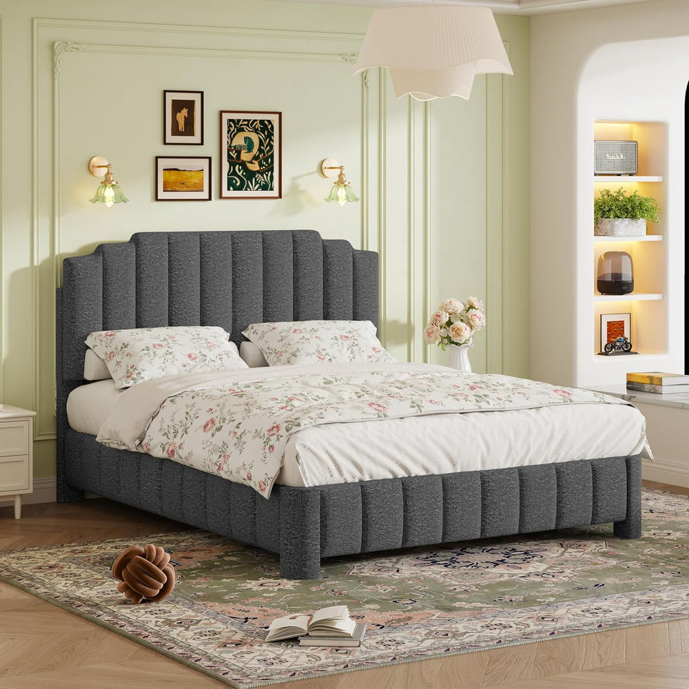 Queen Bed Frame with Adjustable Headboard, Boucle Queen Size Bed Frame