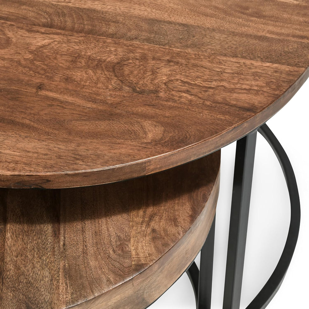 32" Natural Grain Side Coffee Table, Small Nesting Tables with Sturdy Ir...