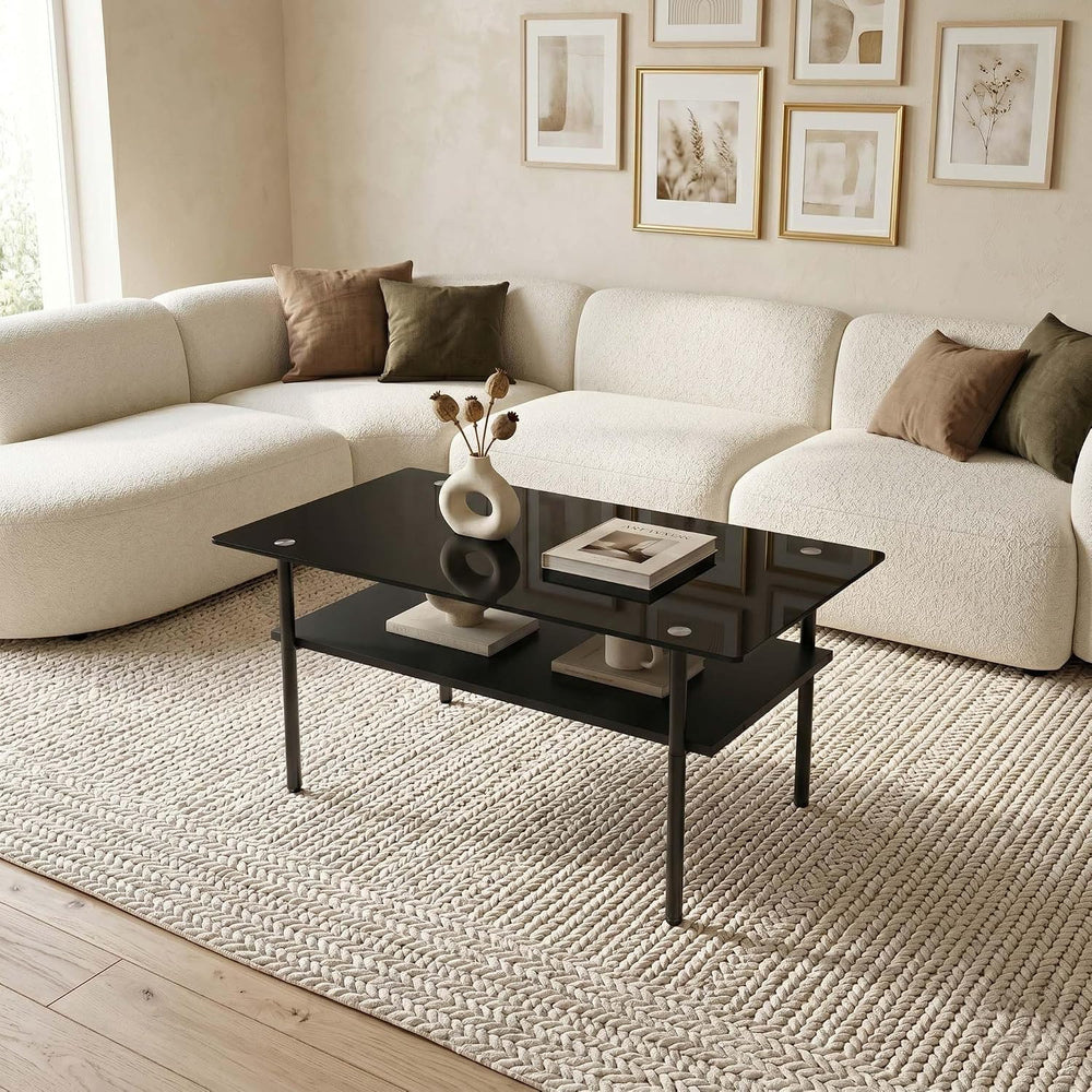3 Piece Glass Coffee Table Set with 2-Tier Storage, Tempered Glass Living Roo...