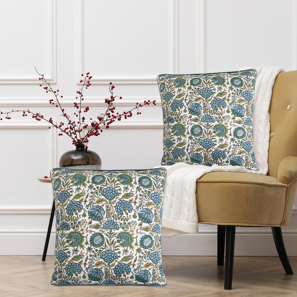 Ridhi Asparagus Green Block Print Cotton Pillow Cover 20x20 Inch Set of 2