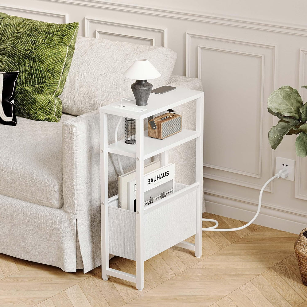 Narrow Side Table with Charging Station Slim End Table Sofa with Magazine Rac...