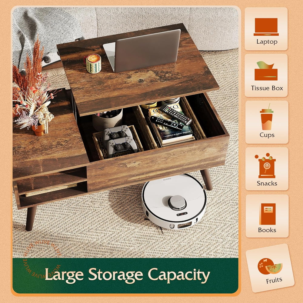 WLIVE Coffee Table with Lifting Top, Hidden Storage & Adjustable Shelf fo...