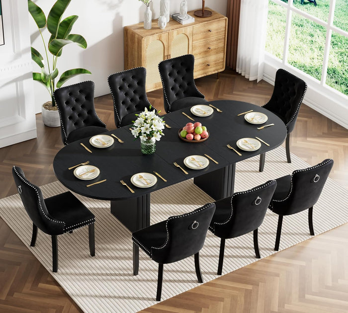 63"-79" Extendable Dining Table Set with 8 Black Chairs, 9 Piece Oval Kitchen Dining Room Table Set for 8, Modern Space-Saving Expandable Large Dinner Tables Set with Double Pedestal Base,Black