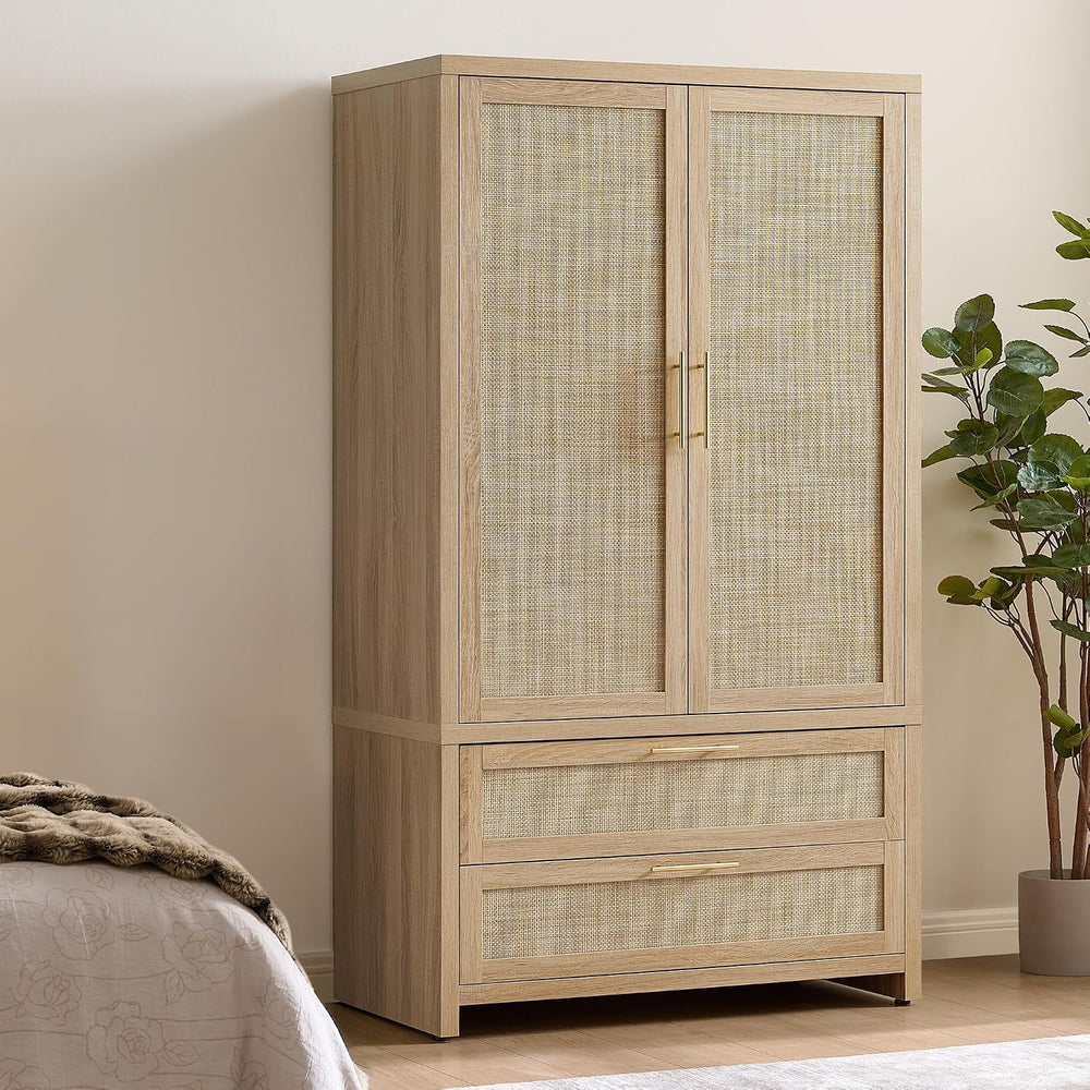 SICOTAS 71 inch Rattan Wardrobe Closet : Armoire Wardrobe with Drawers