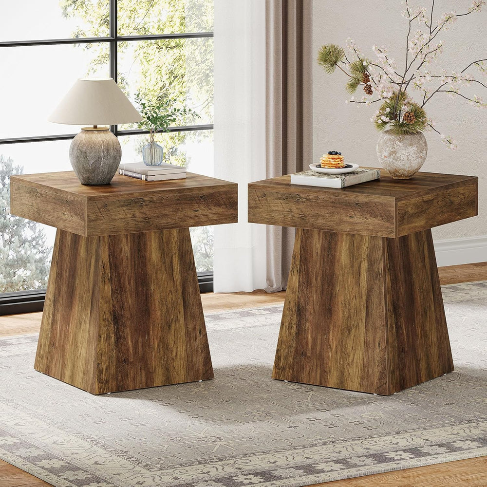 Tribesigns Small End Table, Rustic Square Side Table with Wide Base, Farmhous...