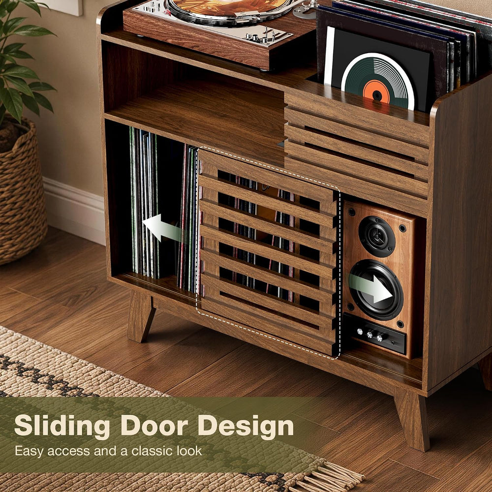 Large Record Player Stand with Charging Station, Mid Century Modern Record Pl...