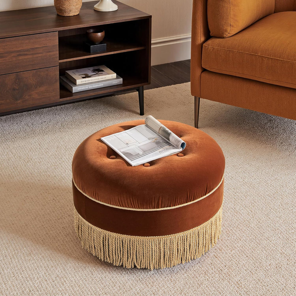 Jennifer Taylor Home Yolanda 24" Round Upholstered Accent Ottoman, Burnt...