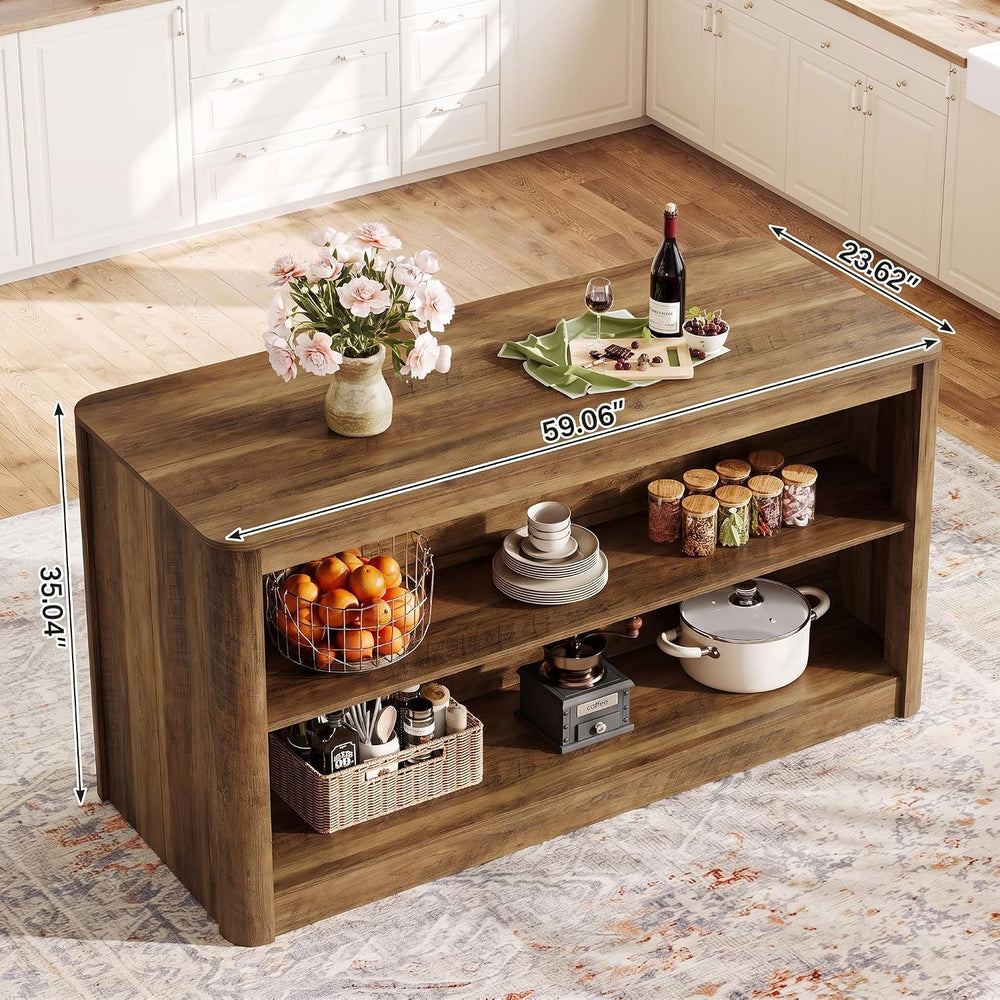 Tribesigns 59.1 Inch Kitchen Island with Open Storage | 3-Tier Rustic Wooden ...