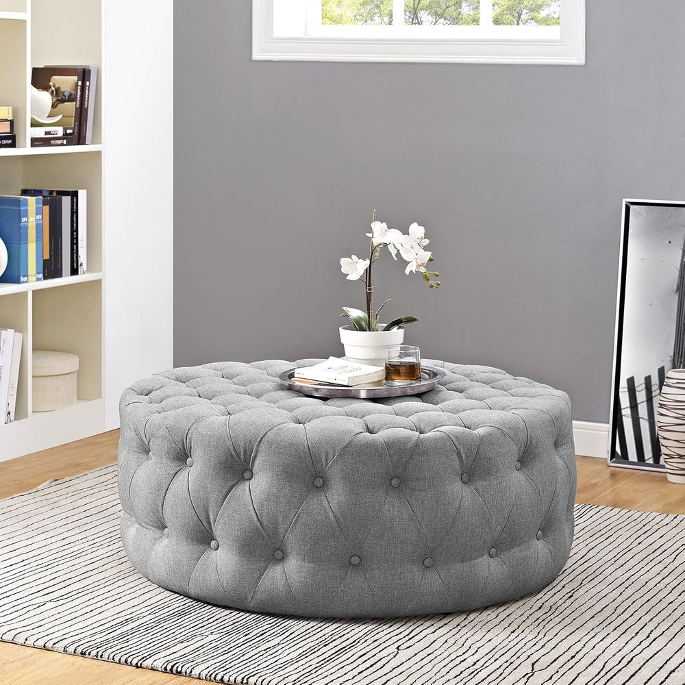 ModwayEEI-2225-LGRAmourFabric Upholstered Button-Tufted RoundOttomanLight Gray