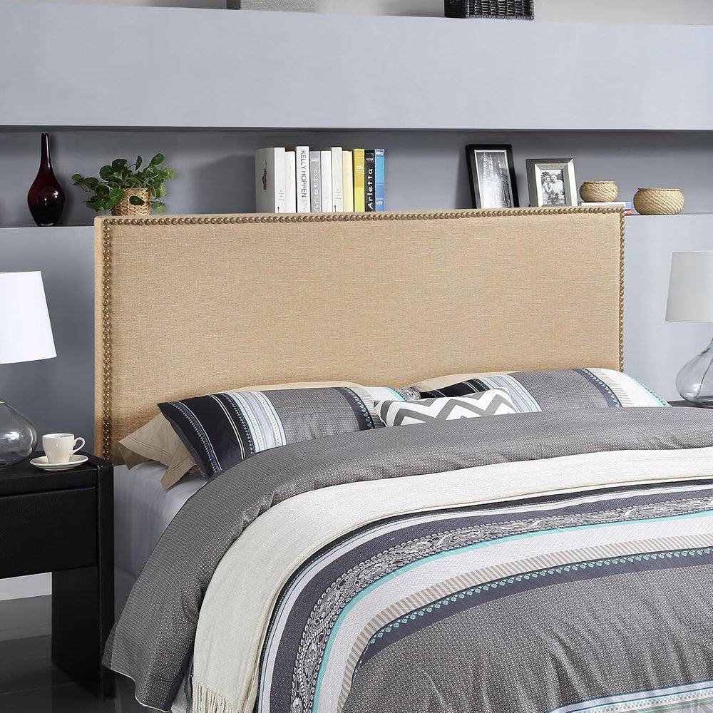 Modern Contemporary Queen Size Nailhead Upholstered Headboard, Beige Fabric