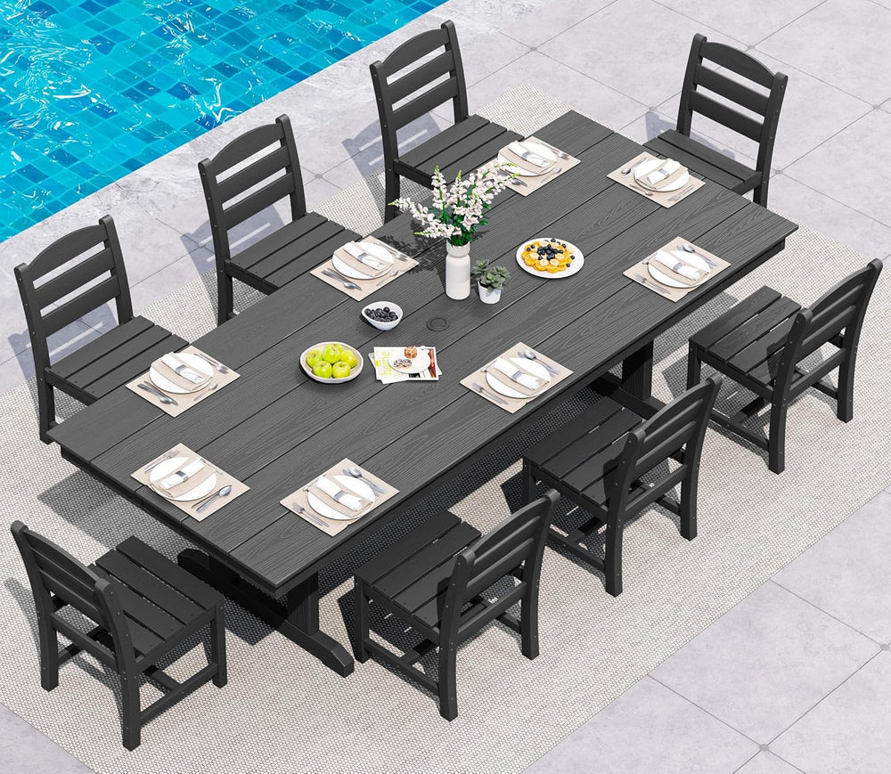 SERWALL 9Pcs 84" HDPE Outdoor Dining Set for 8 with Armless Chairs,Black