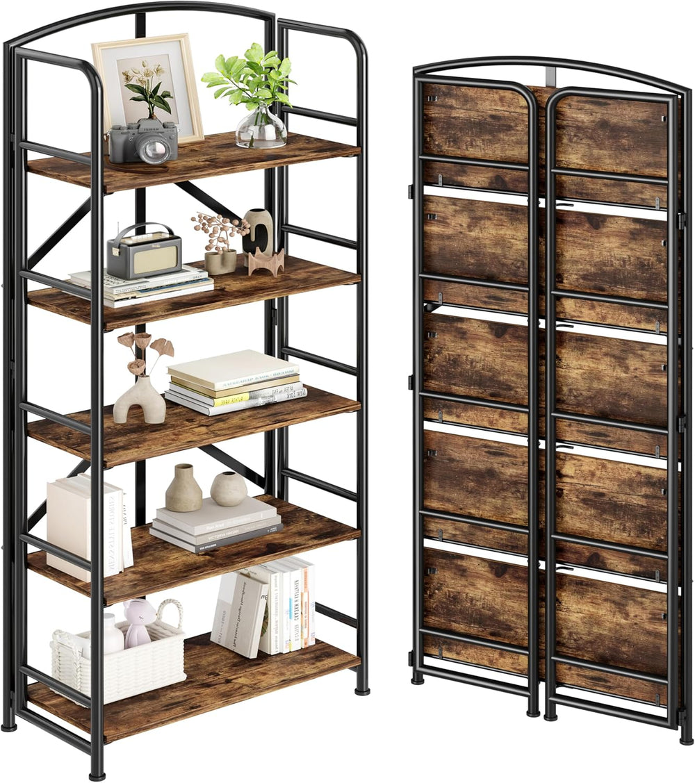 No Assembly,Folding Bookshelf 5 Tiers, Vintage Storage Rack,Rustic Brown