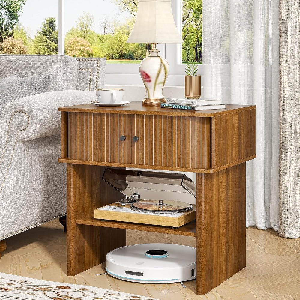 Nightstand with Fluted Sliding Door, 3-Tier Side Table with Hidden Cabinet an...
