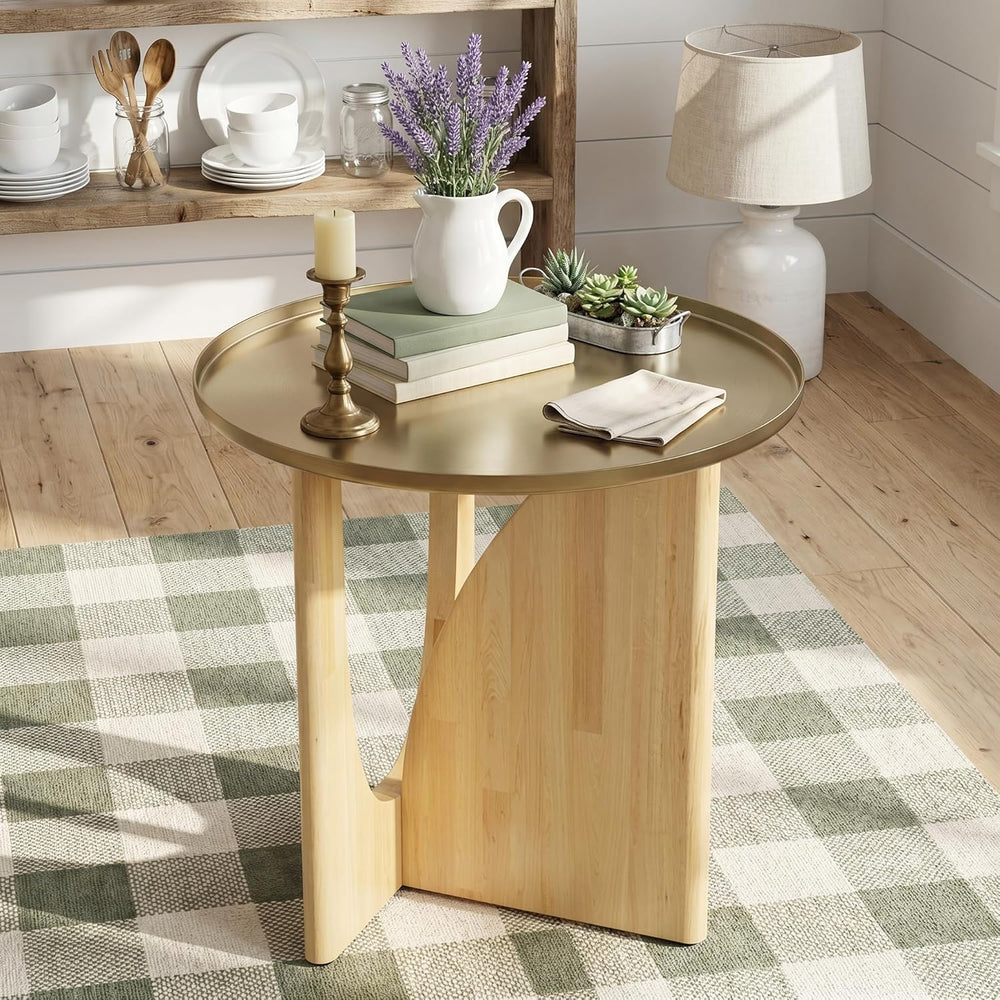 Asday Farmhouse End Table, Wood Side Table with Metal Tray Top, Geometric Bas...