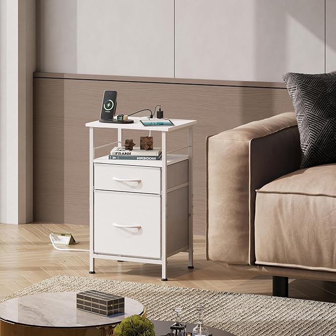 WLIVE Night Stand Set 2, White Nightstand with Charging Station, Nightstands ...