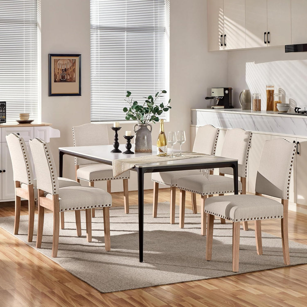 Yaheetech Dining Chairs Set of 6 Fabric Kitchen Chairs Nailhead Trim Beige
