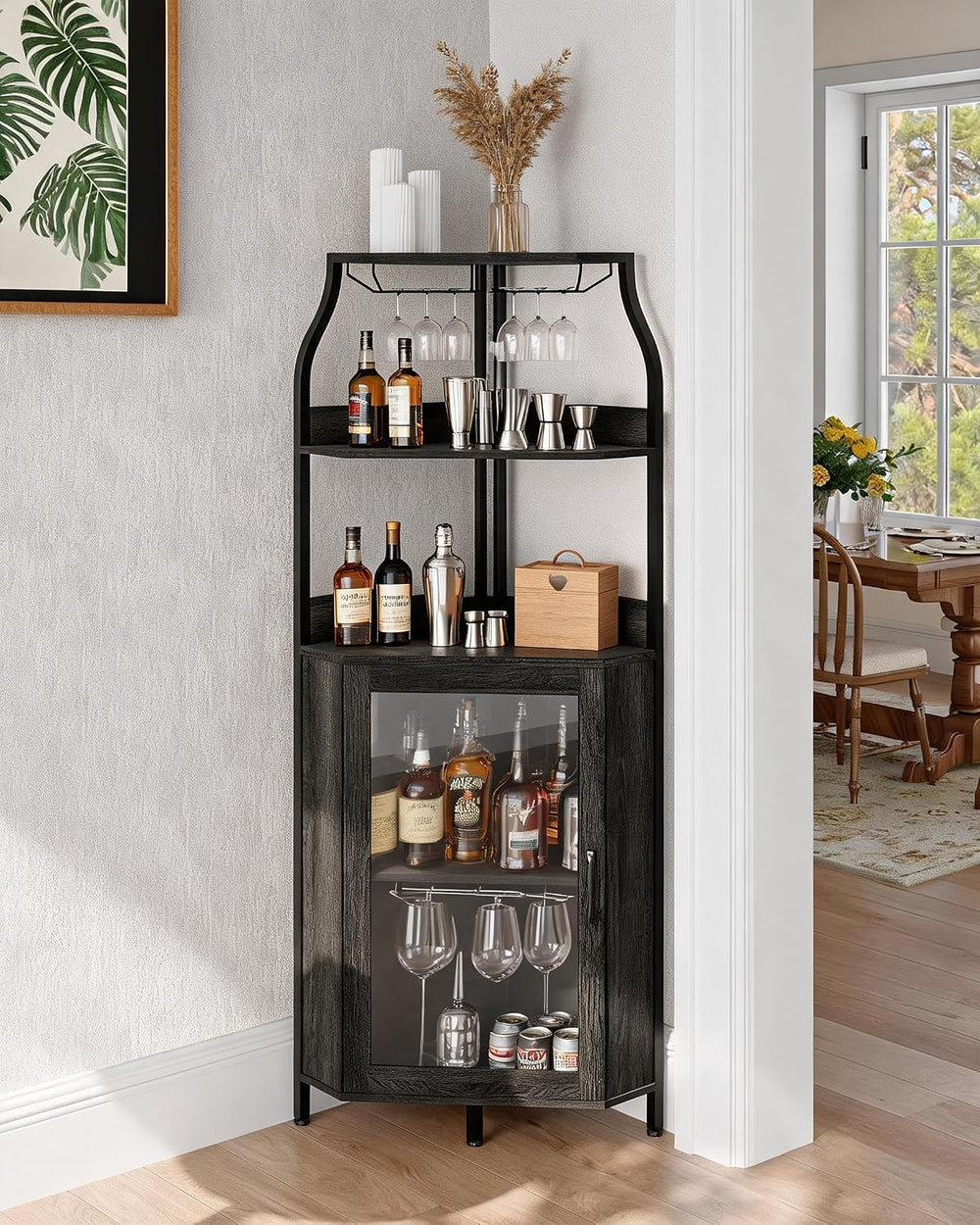 Garvee Corner Bar Cabinet with Power Outlet, Industrial Wine Cabinet with LED...