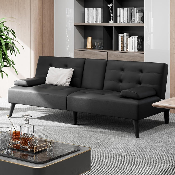 Shintenchi 64" Futon Sofa Bed, Leather Foldable Couch, Upholstered Loveseat Sofa Couch with Folding Cup Holders, Reclining Sleeper with Removable Armrests for Home, Office, Black