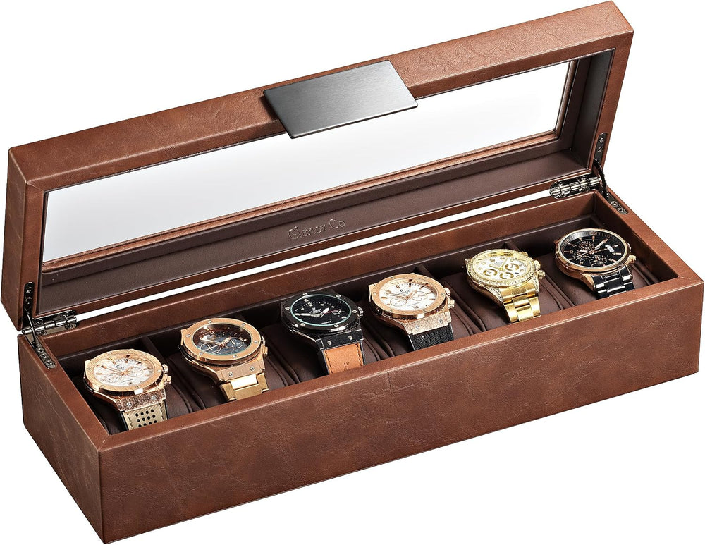 Glenor Co 6 Watch Box for Men - Mens Watch Case w Glass Lid – Luxury Mens Wat...