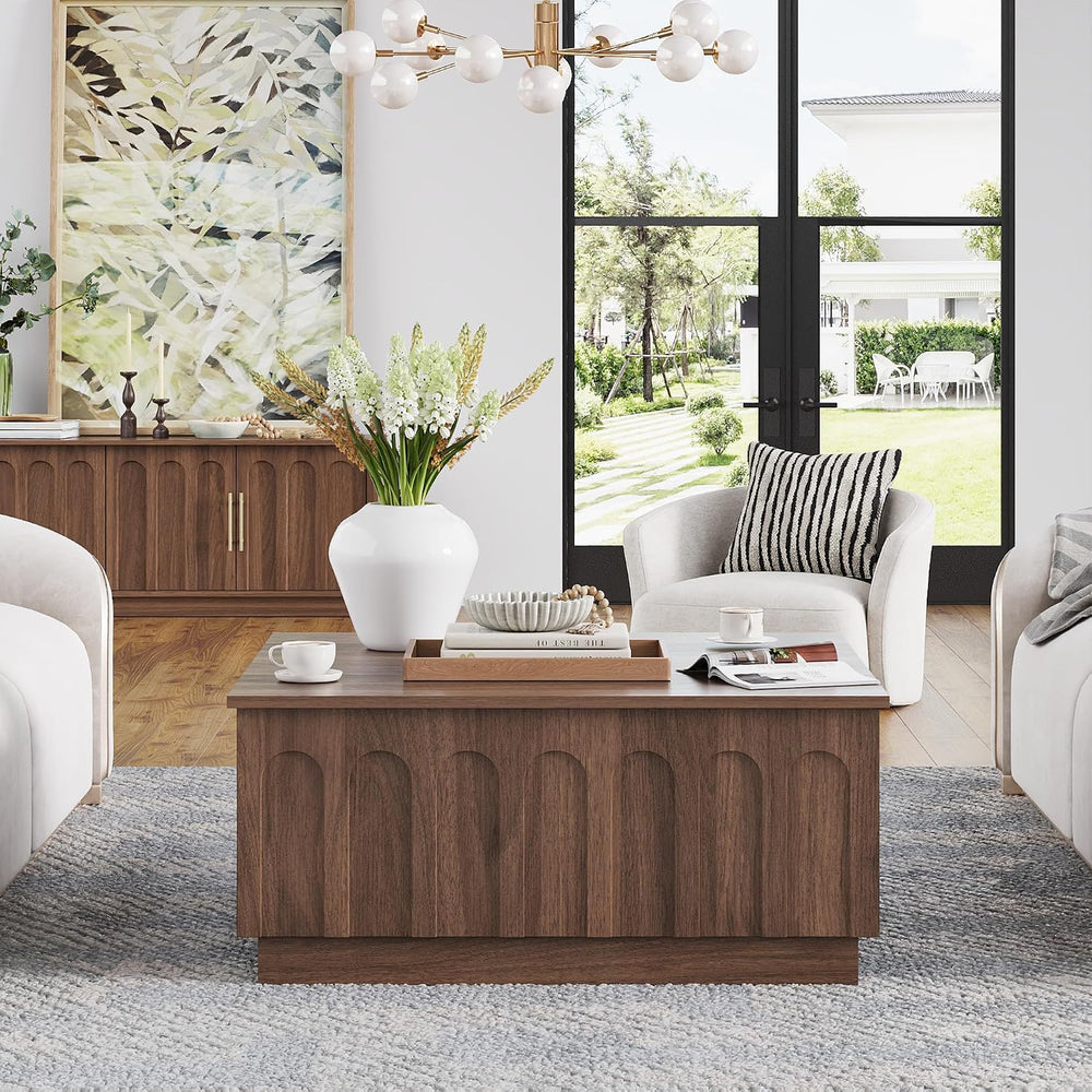 FORTUNETEC 31.5" Lift Top Coffee Table with Storage, Arched Design, Walnut