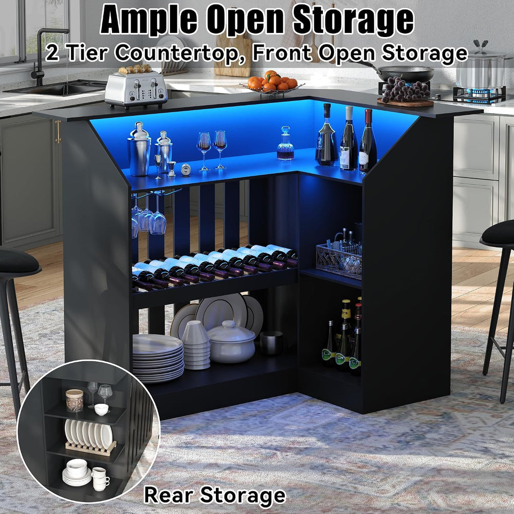 L Shaped Bar Table with LED Light, 4-Tier Corner Wine Bar Cabinet with Stemwa...