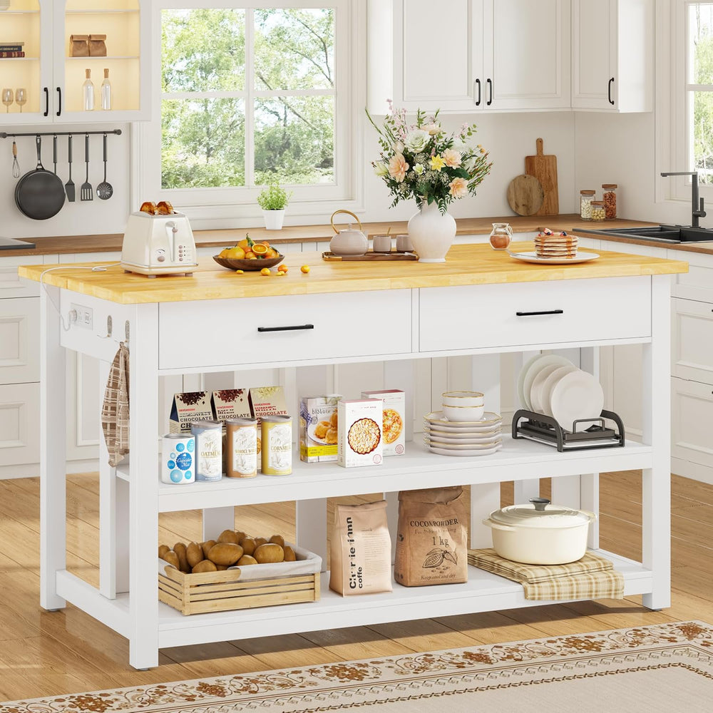 Kitchen Island with Storage for Kitchen Dining Room (White) | Charging outlet...