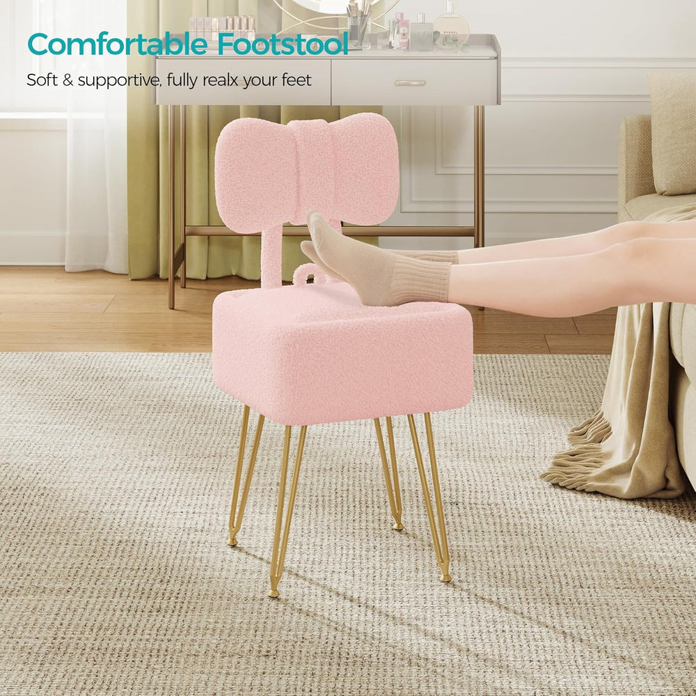Small Vanity Stool Chair with Storage and Foldable Back, Pink | Soft Storage ...