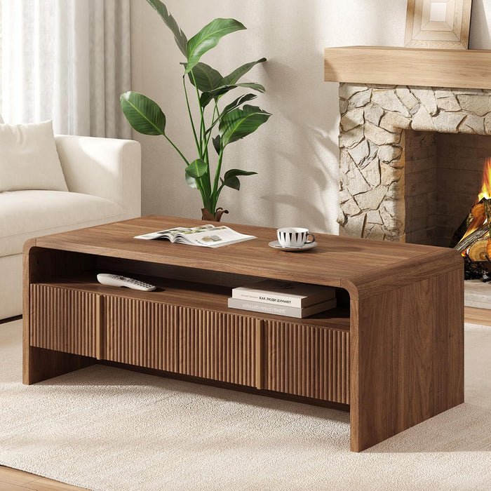 AMERLIFE Fluted Coffee Table with Storage & Rounded Edges