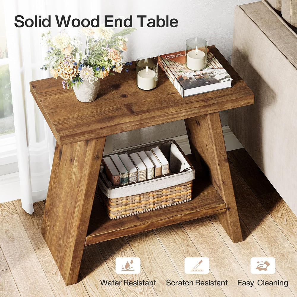 Solid Wood End Table for Living Room Set of 2, Narrow Small Side Table with 2...