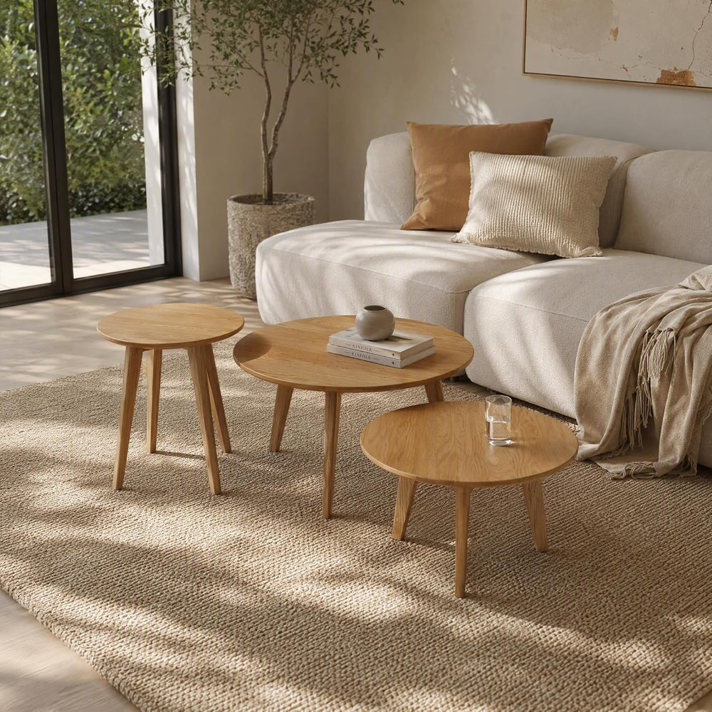 100% Solid Oak Wood Coffee Table Set, Round Coffee Table Combo Side Table w/S...