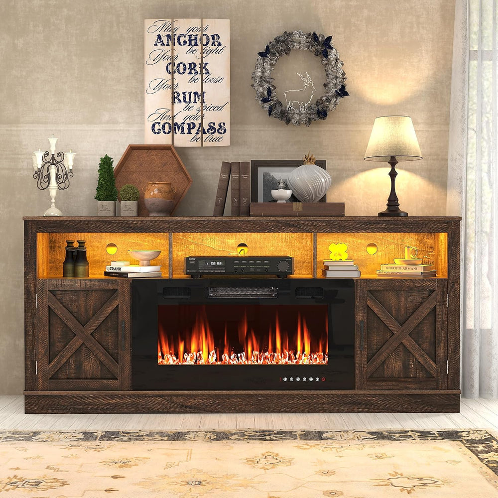 jiteentarou Farmhouse Fireplace TV Stand for 70/75/80 Inch TV, 32”Tall Entert...