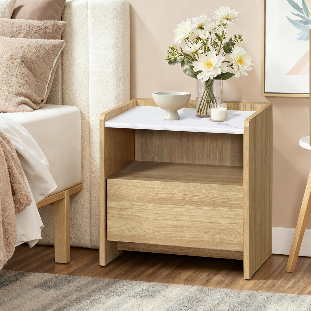 LuxenHome Nightstand with Drawer and Shelf, 18.8'' Wood Japandi Moder...