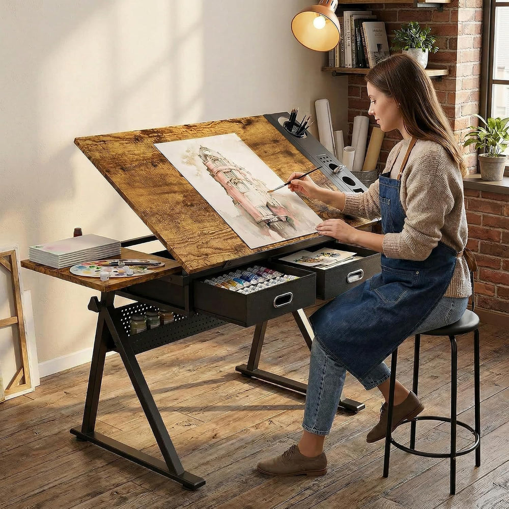 Industrial Minimalist Drafting Desk with Stool | Adjustable Tilting Artist Ta...