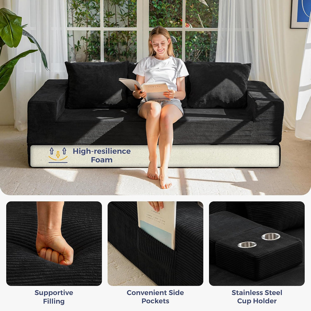 MAXYOYO Sofa Bed, 80-Inch Oversized Loveseat, 2 Cup Holders | Corded Black 4-...