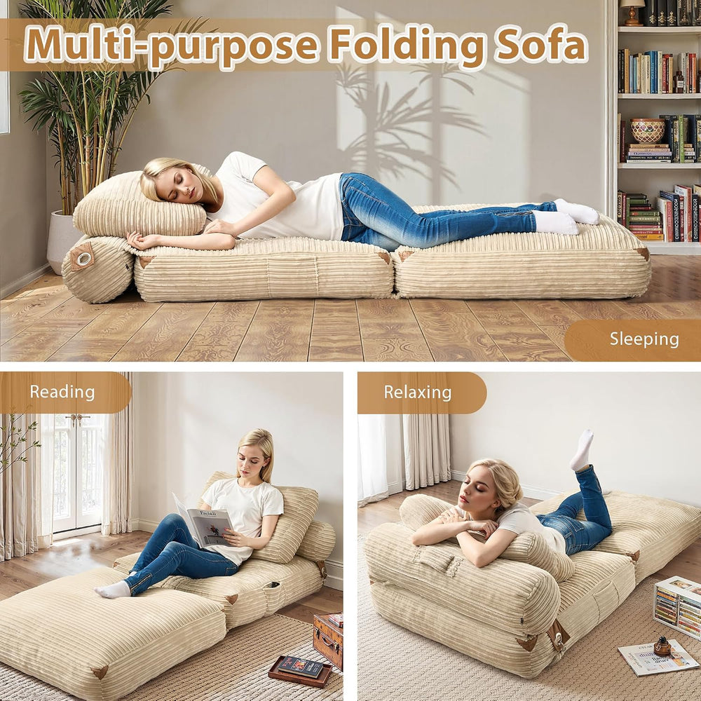 Foldable Sofa Bed,Boneless Convertible Chair Bed with Pillow,Beige