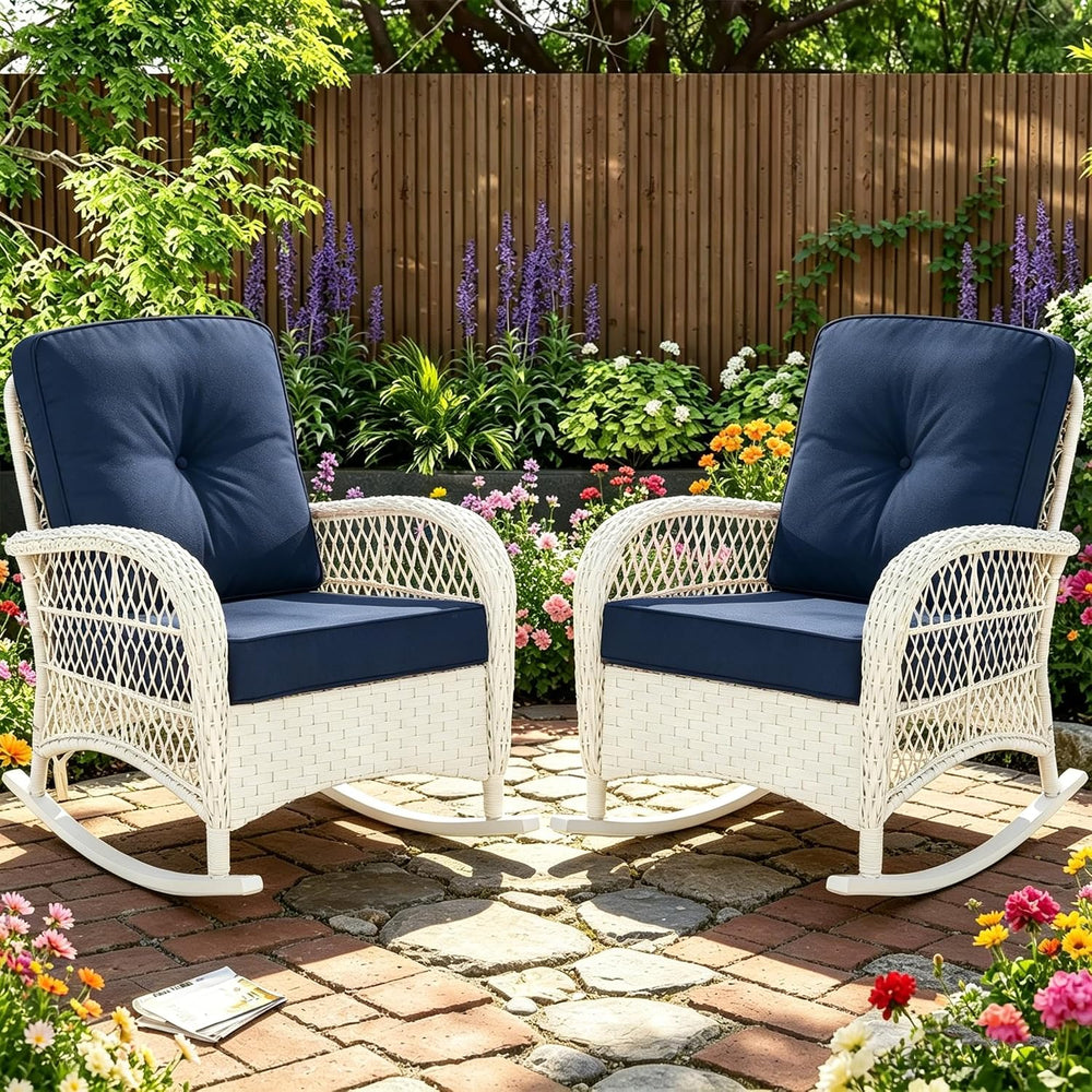 MEETWARM Outdoor Wicker Rocking Chairs Set of 2, Rattan Patio Rocker Chairs w...