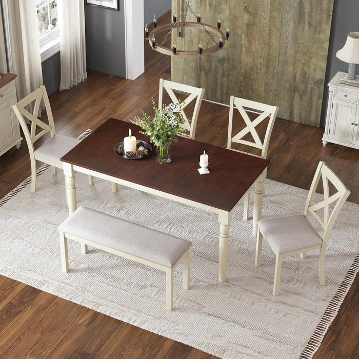AMERLIFE 6-Piece Farmhouse Dining Table Set for 6-7, 60" Solid Wood Kitchen Table and Chairs, 1 Dining Table, 4 Upholstered Chairs and 1 Bench, Rustic Dining Room Set, Rustic White