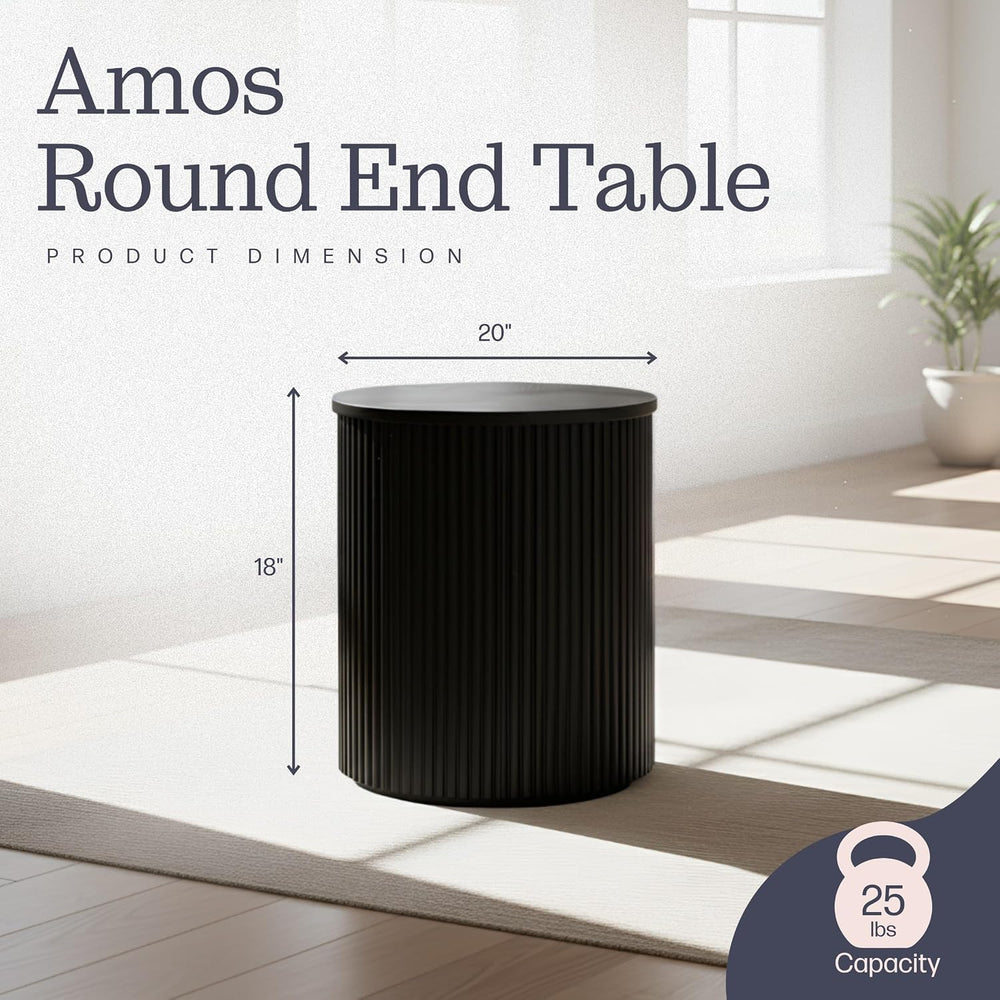 Alaterre Furniture Amos Round End Table - 20 Inch Solid Wood Fluted Nightstan...