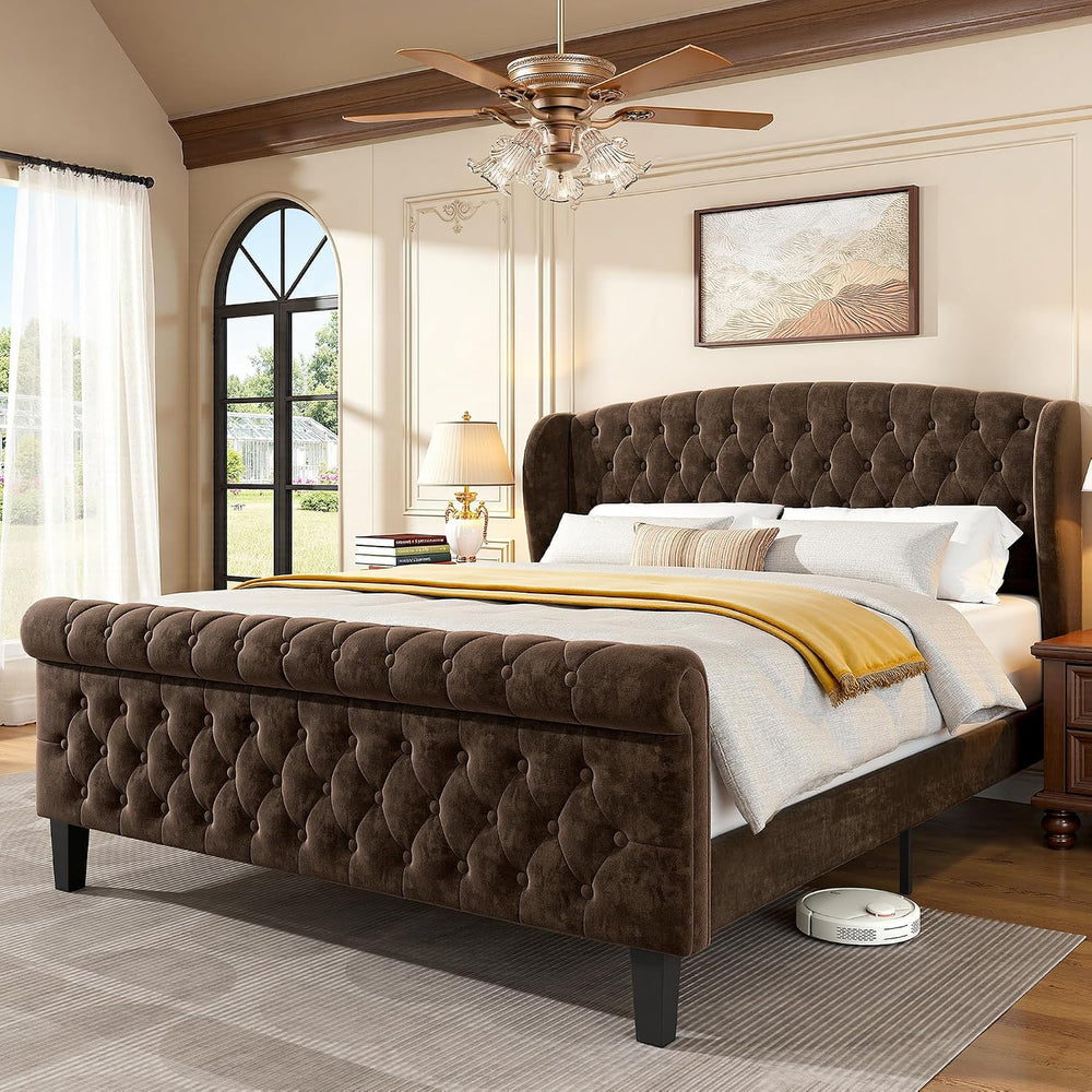 BedsPick Sleigh Queen Bed Frame with 42" Wingback Headboard, Upholstered...