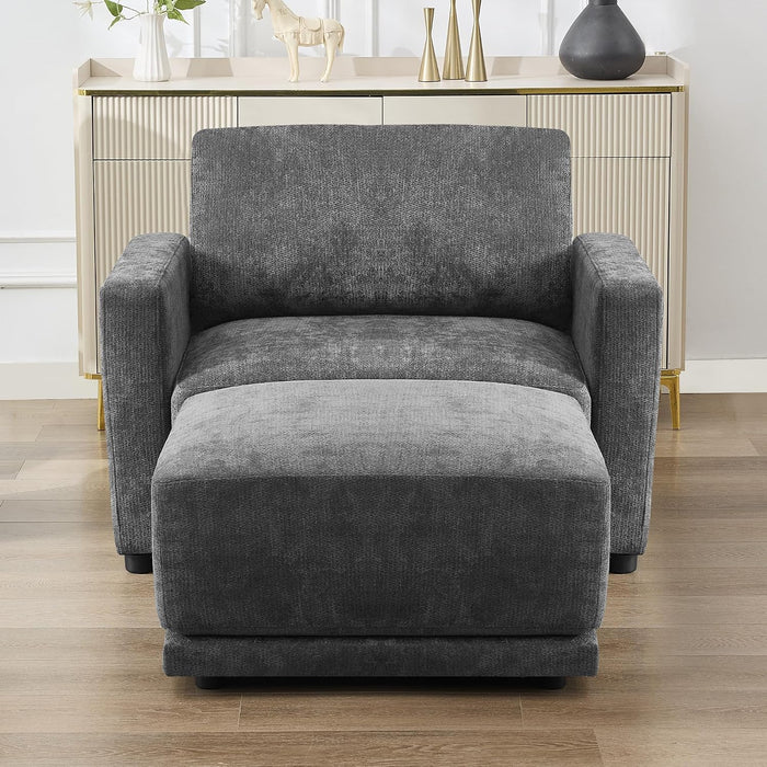 44.2" Chenille Oversized Chair with Movable Ottoman, Modular 1 Seat Couch with Thickened Cushions, Modern Single Sofa Chaise Lounge Reading Chair for Living Room, Small Apartment, Grey