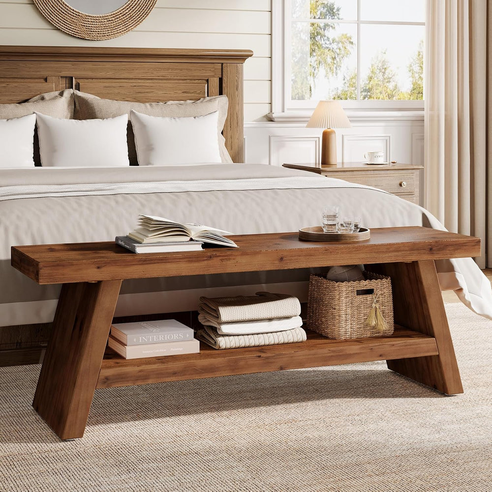 Solid Wood Entryway Bench, 2-Tier Wooden Storage Bench, Farmhouse Indoor Shoe...