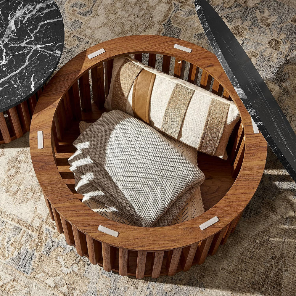Modway Fortitude Round Faux Marble Wood Nesting Coffee Table Set in Walnut Bl...