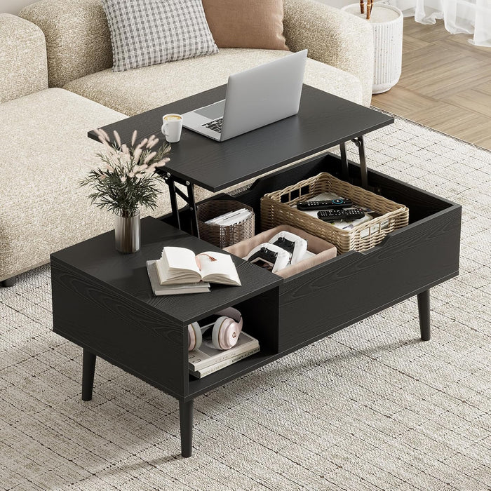 Wood Lift Top Coffee Table with Hidden Storage Compartment & Open Shelf, Multi-Functional Wooden Tabletop Dining Table for Living Room, Home Small Space