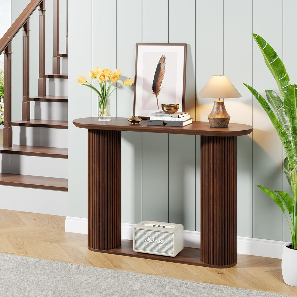 AVZEAR Fluted Entryway Console Table with Storage Shelf, Oval Curved Mid Cent...