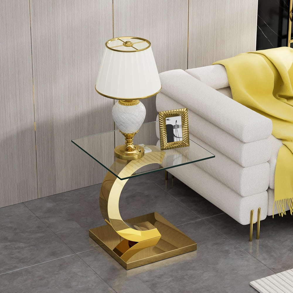 Henf Square Glass End Table Luxury Accent Sofa Side Table, Modern Glass End T...