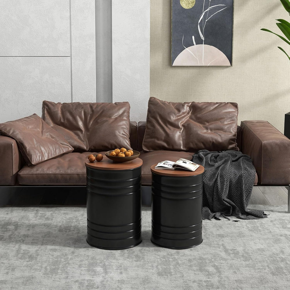 HOMCOM Nesting End Table Set of 2 with Round Storage Ottoman Stool Black | Re...