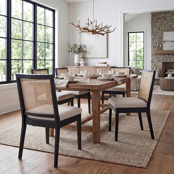 Black Dining Chairs Set of 4, Rattan Kitchen Chairs with Cane Back Upholstere...
