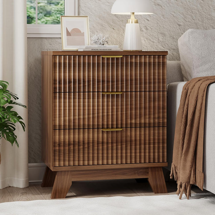 Xixini Fluted Nightstand, 24" Wide Side Table with 3 Large Storage Drawers, Mid Century Modern Wood Night Stand with Metal Handle, Wooden Bedside End Table for Bedroom, Walnut
